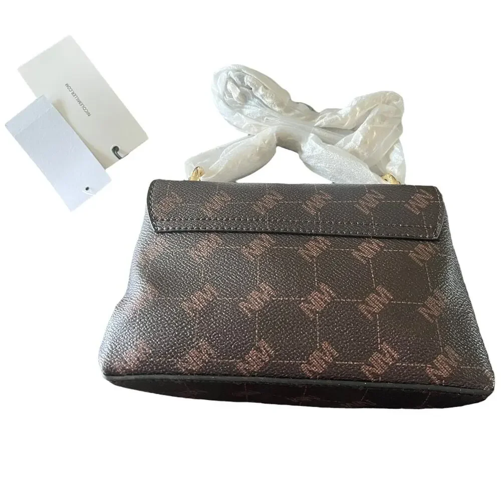 Nicole Miller faux leather Brown Gold mini crossbody chain bag latch closure NWT
